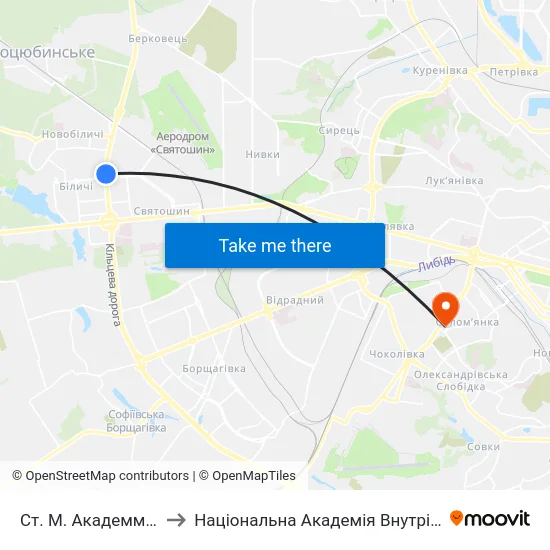 Ст. М. Академмістечко to Національна Академія Внутрішніх Справ map