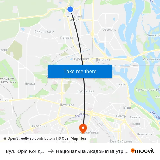 Вул. Юрія Кондратюка to Національна Академія Внутрішніх Справ map