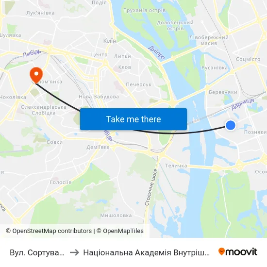 Вул. Сортувальна to Національна Академія Внутрішніх Справ map