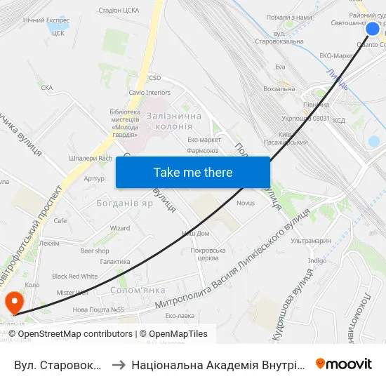 Вул. Старовокзальна to Національна Академія Внутрішніх Справ map