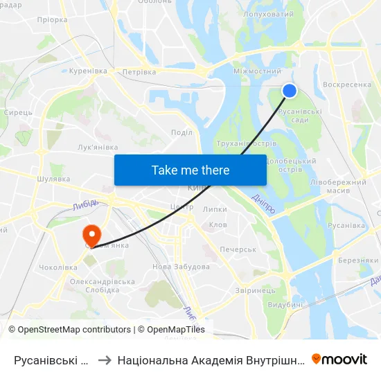 Русанівські Сади to Національна Академія Внутрішніх Справ map