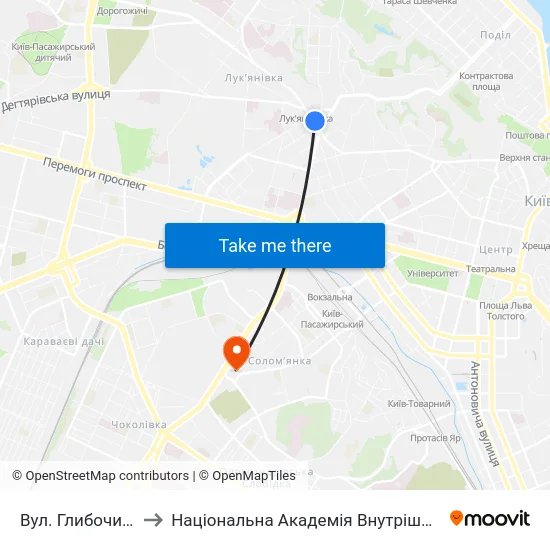 Вул. Глибочицька to Національна Академія Внутрішніх Справ map