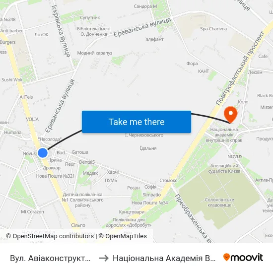 Вул. Авіаконструктора Антонова to Національна Академія Внутрішніх Справ map
