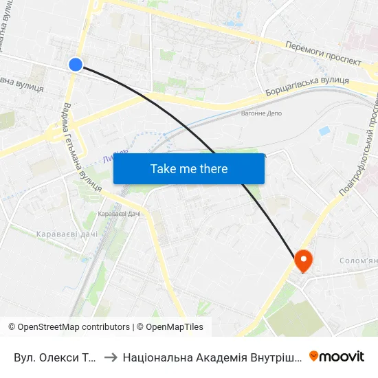 Вул. Олекси Тихого to Національна Академія Внутрішніх Справ map