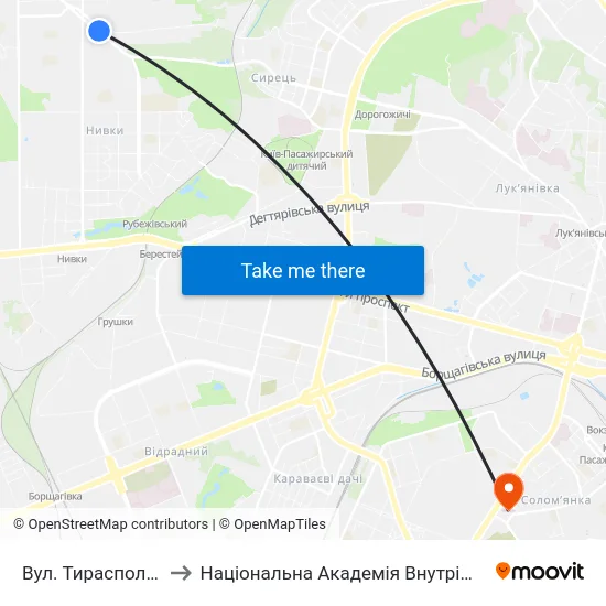 Вул. Тираспольська to Національна Академія Внутрішніх Справ map