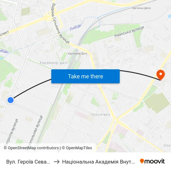 Вул. Героїв Севастополя to Національна Академія Внутрішніх Справ map