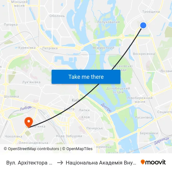 Вул. Архітектора Ніколаєва to Національна Академія Внутрішніх Справ map