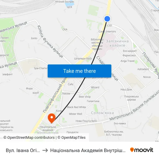 Вул. Івана Огієнка to Національна Академія Внутрішніх Справ map