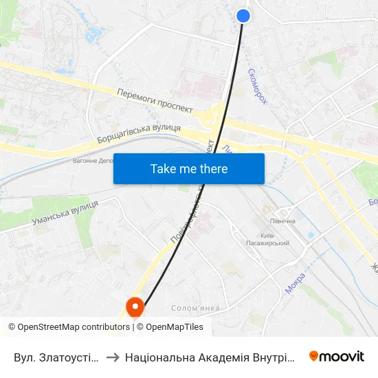 Вул. Златоустівська to Національна Академія Внутрішніх Справ map