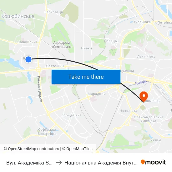 Вул. Академіка Єфремова to Національна Академія Внутрішніх Справ map