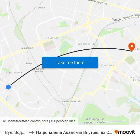 Вул. Зодчих to Національна Академія Внутрішніх Справ map