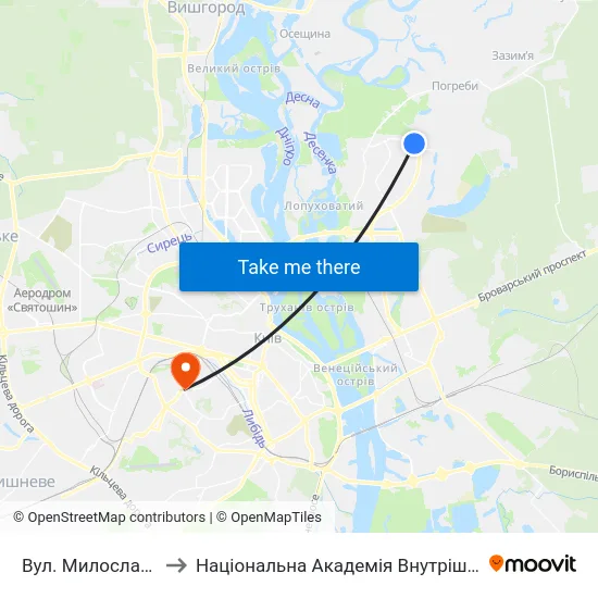 Вул. Милославська to Національна Академія Внутрішніх Справ map
