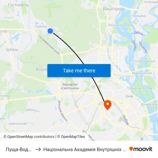 Пуща-Водиця to Національна Академія Внутрішніх Справ map