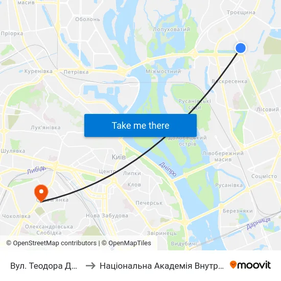 Вул. Теодора Драйзера to Національна Академія Внутрішніх Справ map