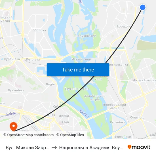 Вул. Миколи Закревського to Національна Академія Внутрішніх Справ map
