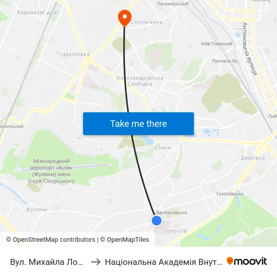 Вул. Михайла Ломоносова to Національна Академія Внутрішніх Справ map