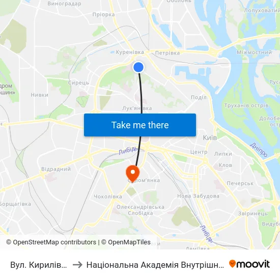 Вул. Кирилівська to Національна Академія Внутрішніх Справ map