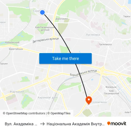 Вул. Академіка Щусєва to Національна Академія Внутрішніх Справ map