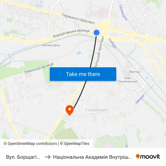 Вул. Борщагівська to Національна Академія Внутрішніх Справ map