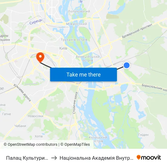 Палац Культури Дніпро to Національна Академія Внутрішніх Справ map