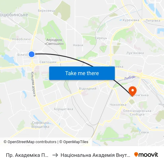 Пр. Академіка Палладіна to Національна Академія Внутрішніх Справ map