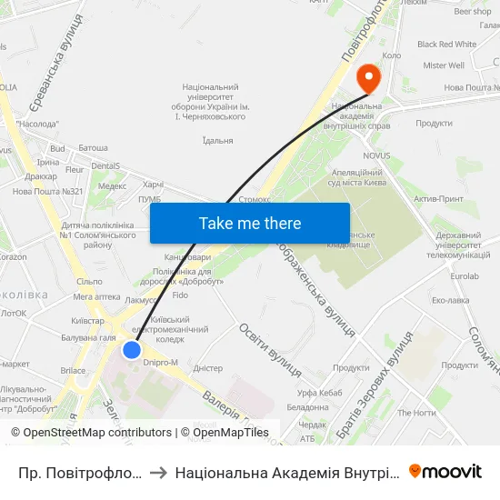 Пр. Повітрофлотський to Національна Академія Внутрішніх Справ map