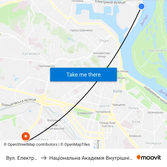 Вул. Електриків to Національна Академія Внутрішніх Справ map