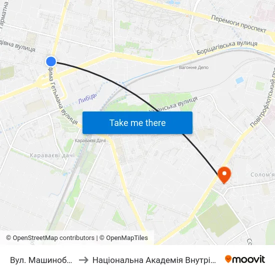 Вул. Машинобудівна to Національна Академія Внутрішніх Справ map