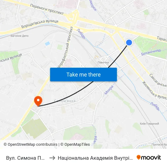 Вул. Симона Петлюри to Національна Академія Внутрішніх Справ map