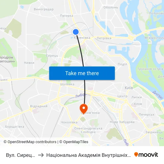 Вул. Сирецька to Національна Академія Внутрішніх Справ map