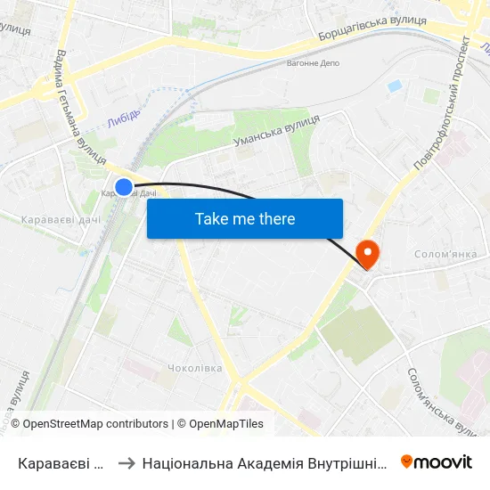 Караваєві Дачі to Національна Академія Внутрішніх Справ map