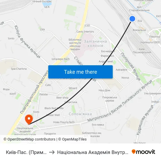 Київ-Пас. (Приміський) to Національна Академія Внутрішніх Справ map