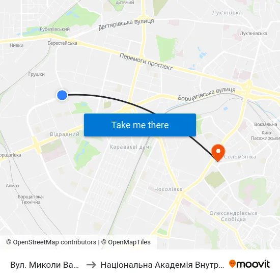 Вул. Миколи Василенка to Національна Академія Внутрішніх Справ map