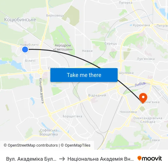 Вул. Академіка Булаховського to Національна Академія Внутрішніх Справ map