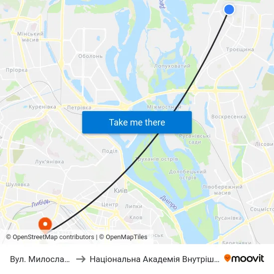 Вул. Милославська to Національна Академія Внутрішніх Справ map