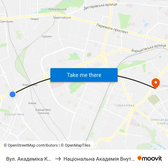 Вул. Академіка Корольова to Національна Академія Внутрішніх Справ map