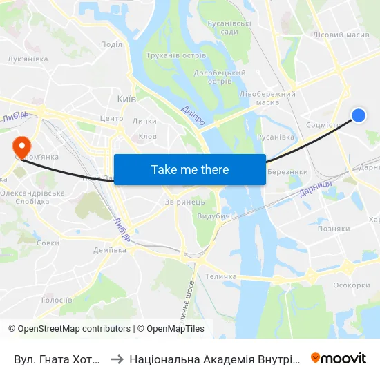 Вул. Гната Хоткевича to Національна Академія Внутрішніх Справ map