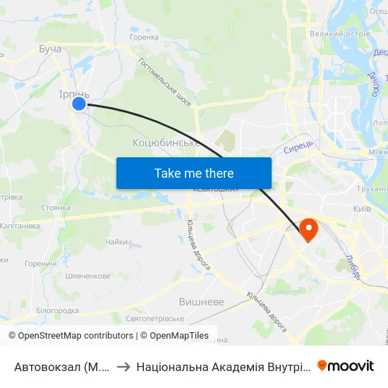 Автовокзал (М. Ірпінь) to Національна Академія Внутрішніх Справ map