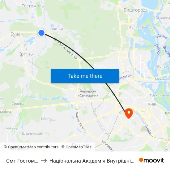 Смт Гостомель to Національна Академія Внутрішніх Справ map