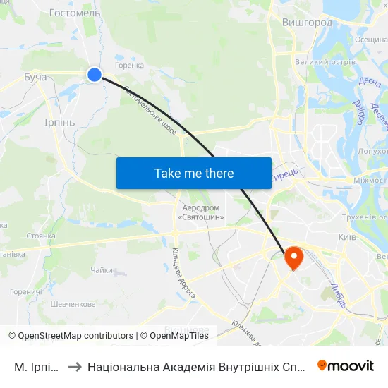 М. Ірпінь to Національна Академія Внутрішніх Справ map