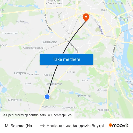 М. Боярка (На Вимогу) to Національна Академія Внутрішніх Справ map