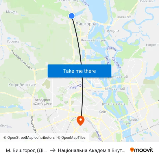 М. Вишгород (Дідовиця) to Національна Академія Внутрішніх Справ map