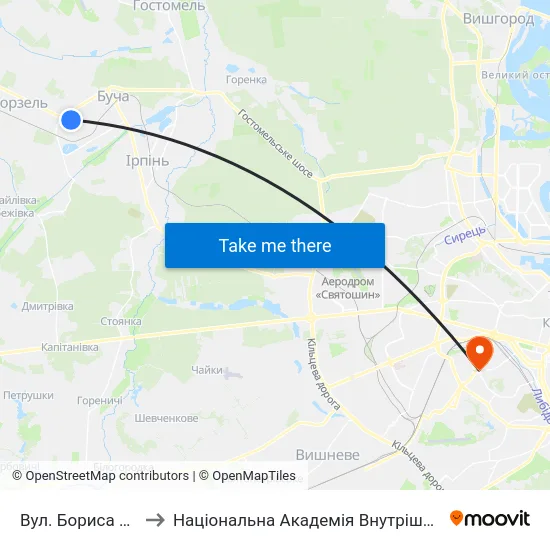Вул. Бориса Гмирі to Національна Академія Внутрішніх Справ map