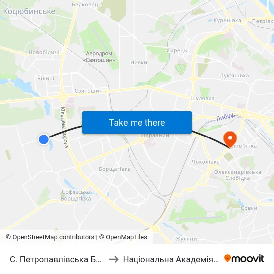 С. Петропавлівська Борщагівка (Центр) to Національна Академія Внутрішніх Справ map