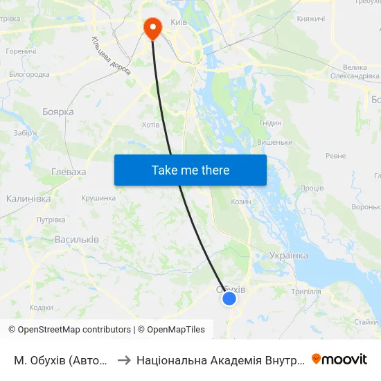 М. Обухів (Автостанція) to Національна Академія Внутрішніх Справ map