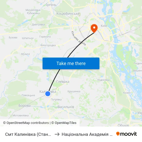 Смт Калинівка (Станція Васильків-1) to Національна Академія Внутрішніх Справ map