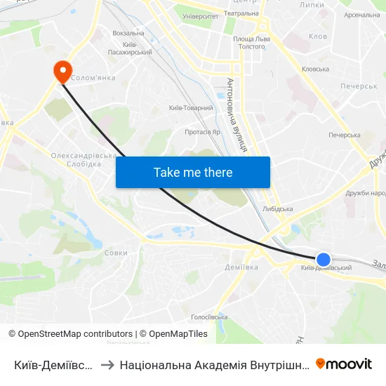 Київ-Деміївський to Національна Академія Внутрішніх Справ map