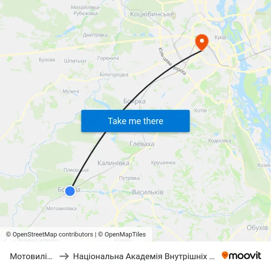 Мотовилівка to Національна Академія Внутрішніх Справ map