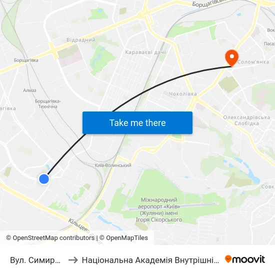Вул. Симиренка to Національна Академія Внутрішніх Справ map