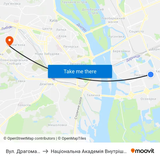 Вул. Драгоманова to Національна Академія Внутрішніх Справ map